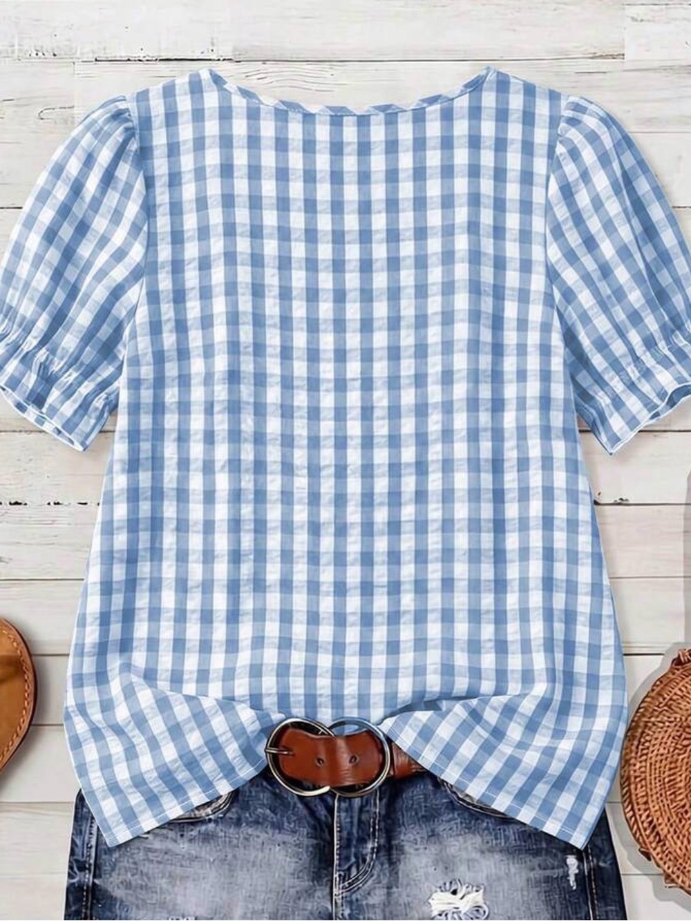 SHEIN Light Blue & White Gingham Square Neck Puff Sleeve Top - Picture 2 of 3